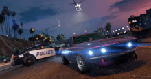 a police car chases a purple car on a road