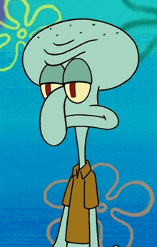 squidward from spongebob squarepants is wearing a brown shirt and has an angry look on his face