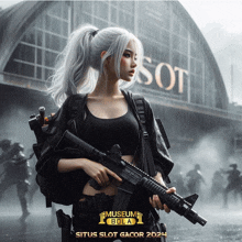 a woman holding a gun in front of a sign that says sot