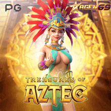 a poster for treasures of aztec shows a woman in a colorful headdress