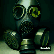 a picture of a gas mask with a bored.ai sticker below it