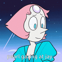 a cartoon of pearl gazing at jay in a blue shirt