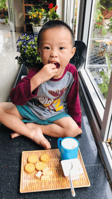 a young boy wearing a shirt with a moose on it