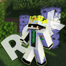 a minecraft character wearing a crown and sunglasses stands next to the letter r