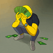 a yellow cartoon character covering his face with money