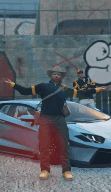 a man in a cowboy hat stands in front of a sports car