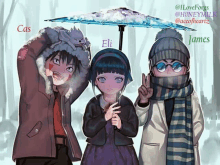 a group of anime characters standing next to each other holding an umbrella .