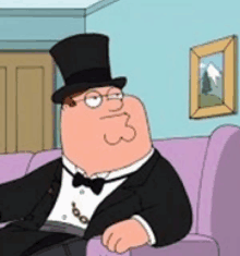 peter griffin from family guy is sitting on a couch wearing a top hat .