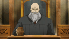 a man with a beard sits in a judge 's chair holding a cup