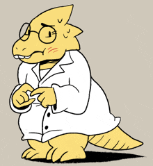 a cartoon drawing of a yellow lizard wearing a white coat and glasses