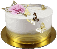 a white cake with gold butterflies and a pink flower on it