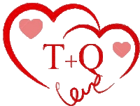 two red hearts with the letters t + q and the word love