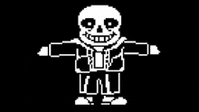 a pixel art of sans from undertale standing with his arms outstretched .