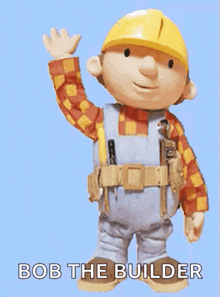 bob the builder is a cartoon character wearing a hard hat and overalls .