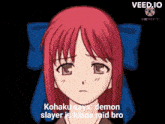 a cartoon of a girl with red hair says " kohaku says " demon slayer is kinda mid bro "