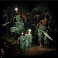 a painting of a group of people holding swords and a torch that says ' i love you ' on it