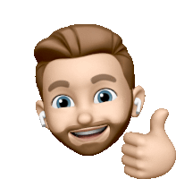 a cartoon man with a beard and ear buds gives a thumbs up