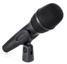 a black microphone is sitting on a stand on a white surface .