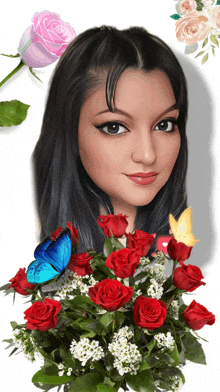 a woman is surrounded by roses and butterflies