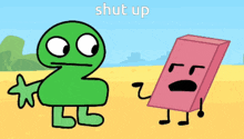 a green cartoon character is holding his finger to his mouth with the words shut up above him