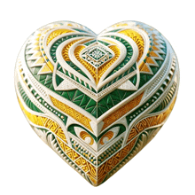 a green and yellow heart shaped object with a geometric pattern