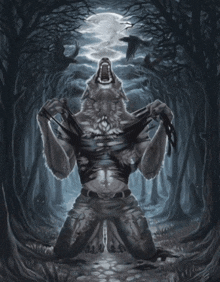 a painting of a werewolf with its mouth open in a dark forest