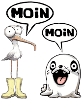 a cartoon of a stork and a seal with a moin speech bubble