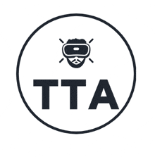 a logo for tta with a man wearing a virtual reality headset on it