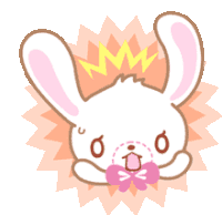 a white bunny with a pink bow in its mouth has a lightning bolt on its head