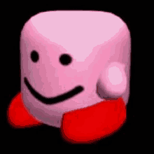 a pink marshmallow with a smiley face and red feet is standing on a black background .