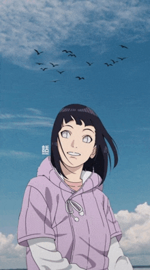 a girl in a purple shirt with birds flying in the background