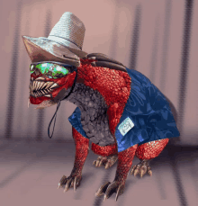 a red dragon wearing a cowboy hat and sunglasses has a blue shirt that says p28