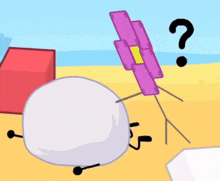 a cartoon character with a question mark next to a purple object