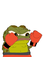 a cartoon frog wearing red boxing gloves with an angry face