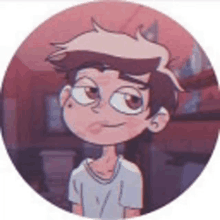 a cartoon boy is standing in a circle with a red background .