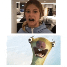 a woman with her mouth open next to a picture of a cartoon character with its mouth open