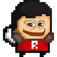 a pixel art drawing of a man wearing a red shirt with the letter f on the front