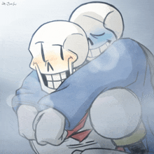 a drawing of two skeletons hugging each other with chinese writing on the bottom left corner