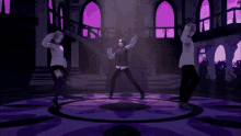 three people are dancing in a room with purple walls