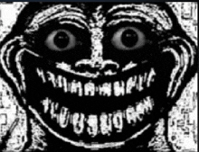 a black and white drawing of a troll face with big eyes and a smile .