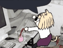 a cartoon of a cat pouring liquid into a glass with a computer in the background