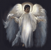 a painting of a young boy dressed as an angel with white wings surrounded by white pigeons .