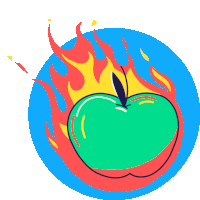 an illustration of a green apple on fire