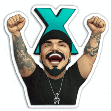 a sticker of a man with his fist in the air with a letter x behind him