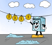 a cartoon of a washing machine holding a coin with a b on it