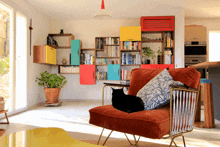 a cat sits on a chair in a living room