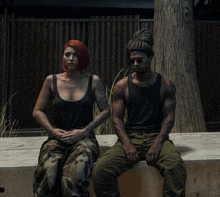 a man and a woman are sitting on a wooden bench