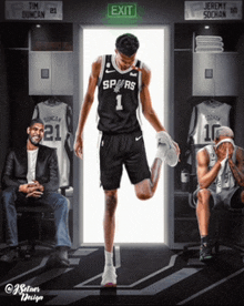 a basketball player in a spurs jersey stretches his leg in a locker room