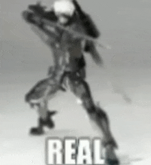 a blurred image of a soldier with the word real written on it