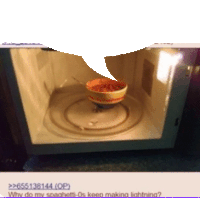 a bowl of spaghetti is in a microwave oven with a speech bubble above it